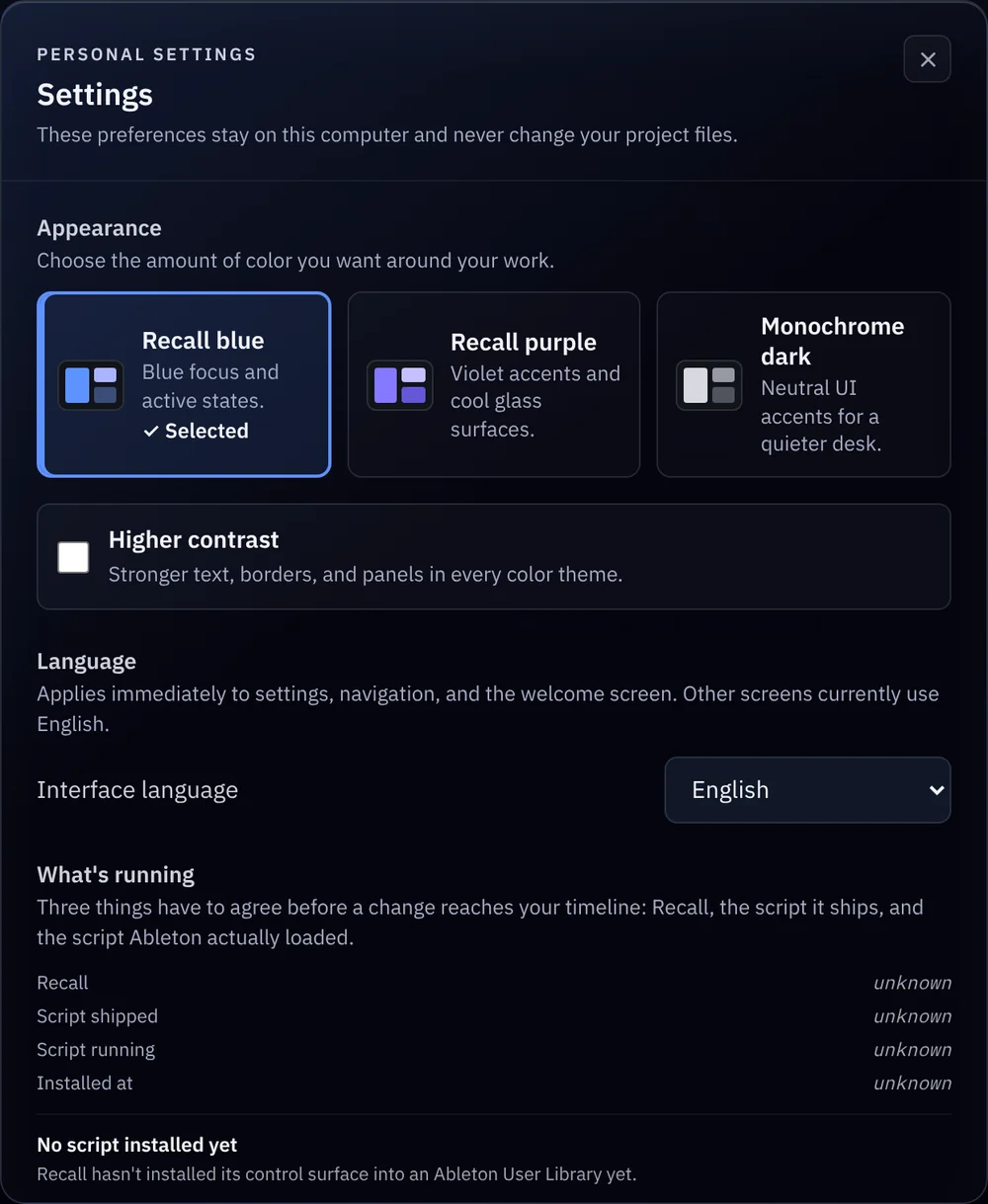 The bottom of Recall’s Settings: the What’s running panel, which lists Recall, the script it ships and the script Ableton has loaded