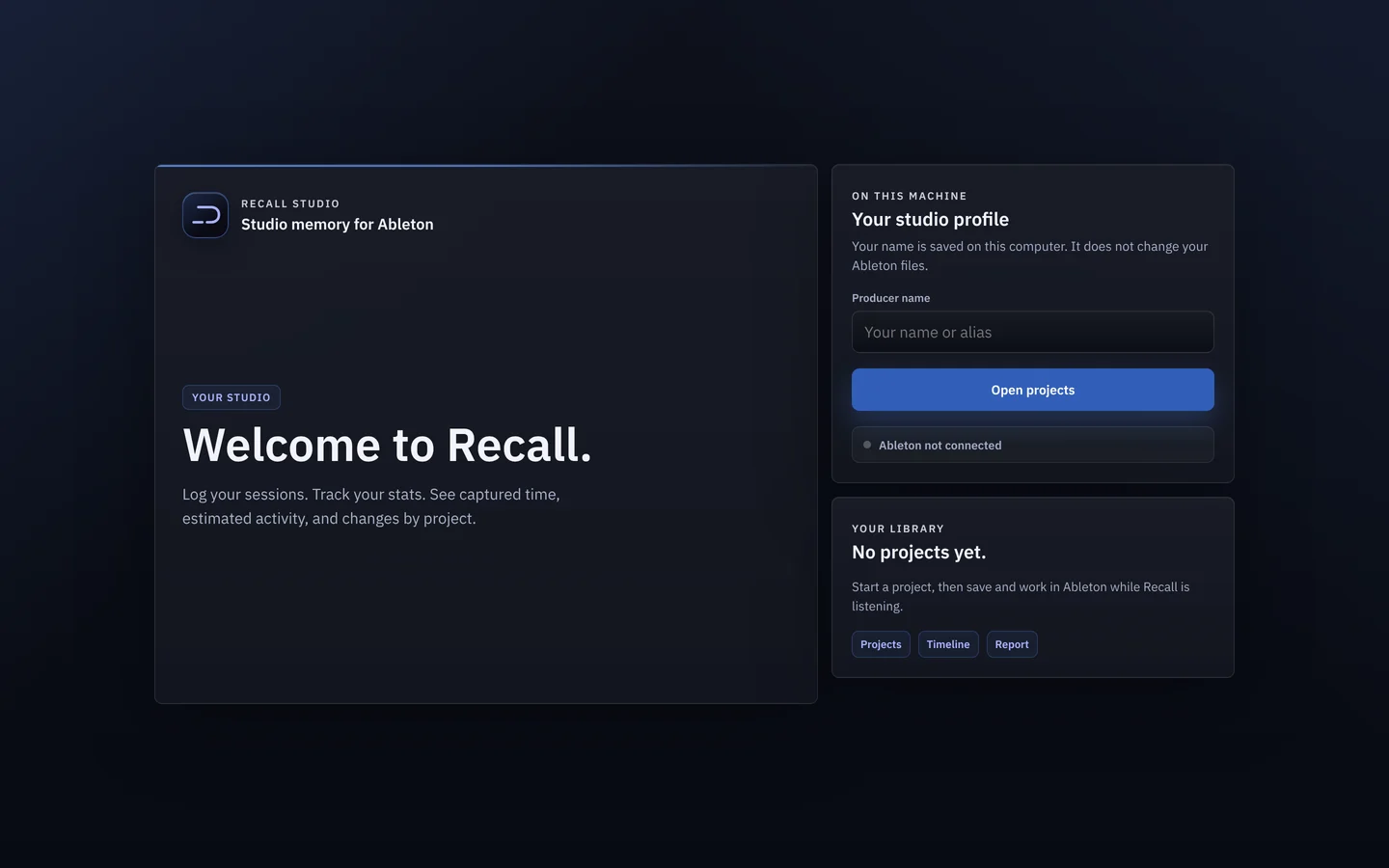 Recall’s welcome screen, with a field for your producer name and the Ableton connection status